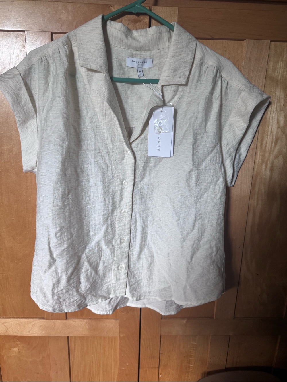 7 Diamonds Cream Button-Front Short Sleeve Linen Top
